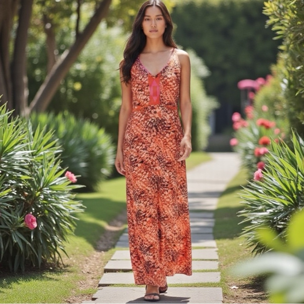 Izzy & Lola Sangria Lani Orange/Pink Geometric Sleeveless Boho Maxi L